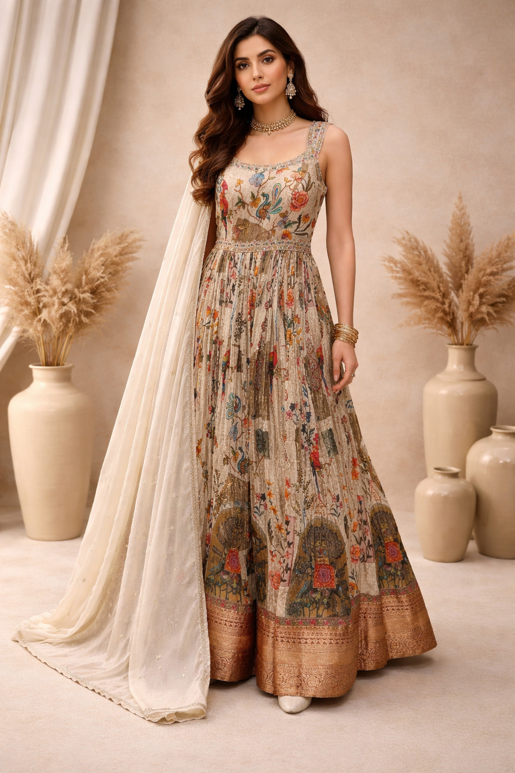 Luxury Beige Multicolor Printed Designer Anarkali Gown with Dupatta